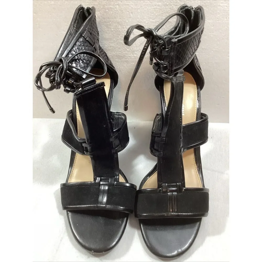 Gianni Bini Women 8 Black Heels Leather Suede T Strap Block‎ Shoes 3058